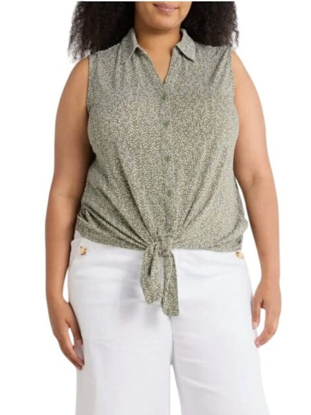Adrianna Papell Womens Green Sleeveless Tie Front Button Up Top Plus Sz 2X New